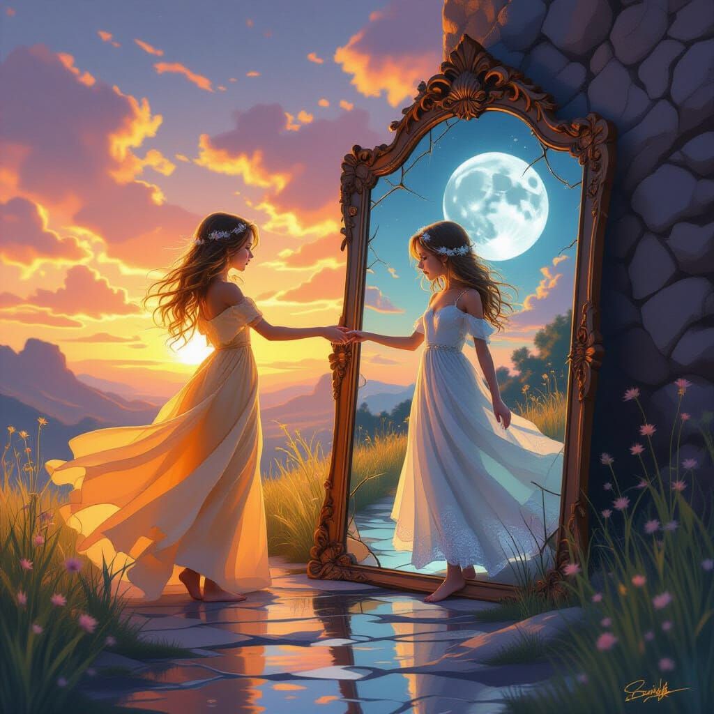Sun and Moon Girls Reach Across a Mirror