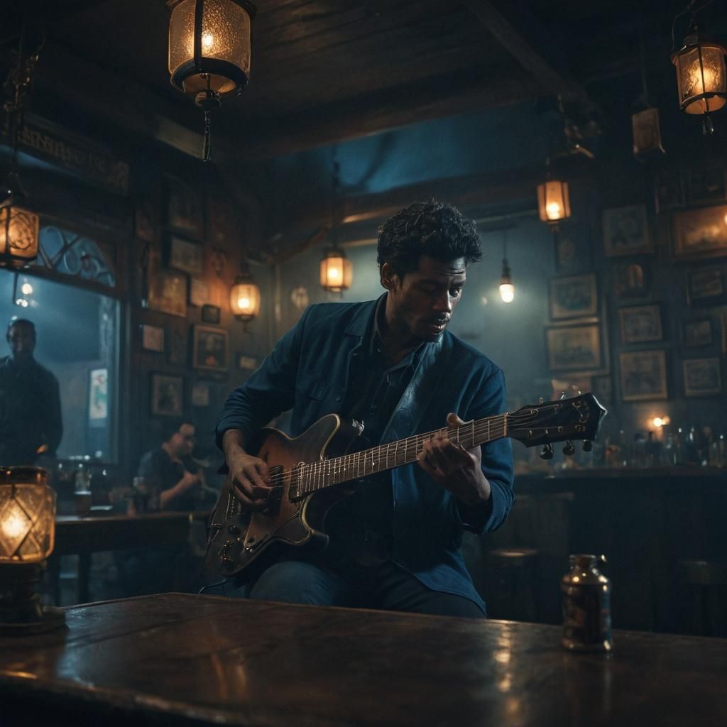 Blues Guitarist in Mystical Bar, Dark Fantasy Art