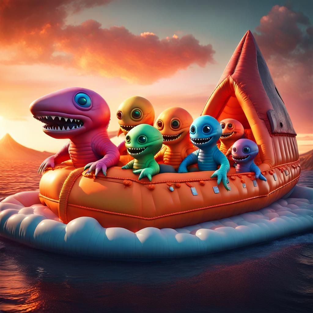 Cute Aliens Afloat at Sunset: Cel-Shaded Film Still