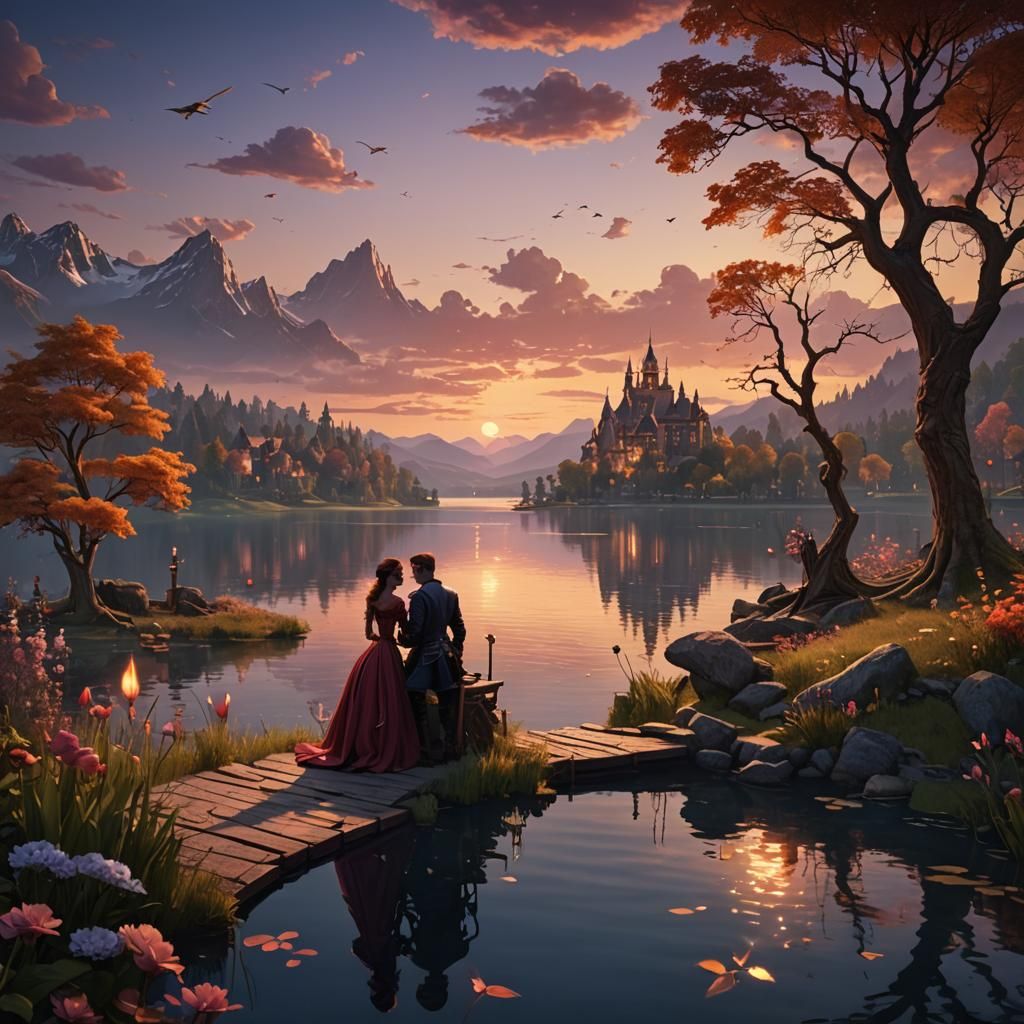 Romantic Lakeside Sunset: Detailed Matte Painting