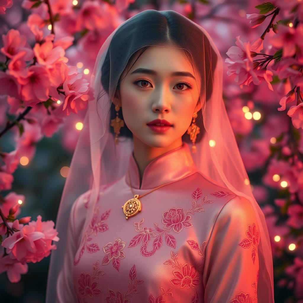 Neon Embroidery Chinese Silk Dress with Cherry Blossoms