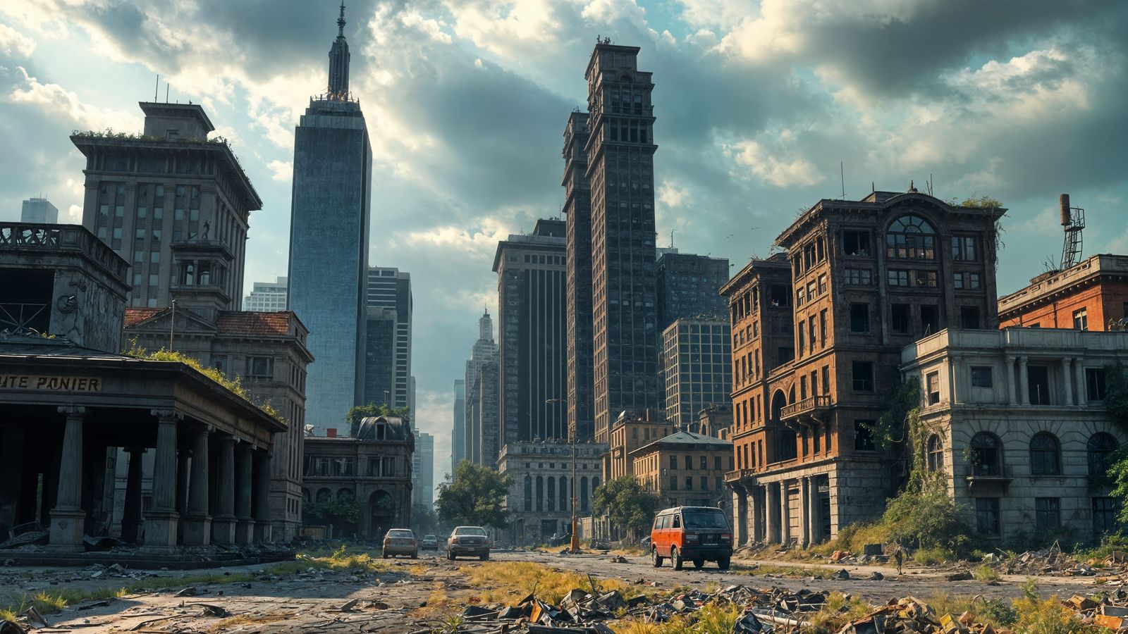 Abandoned Cityscape Rises from Vines and Ashes