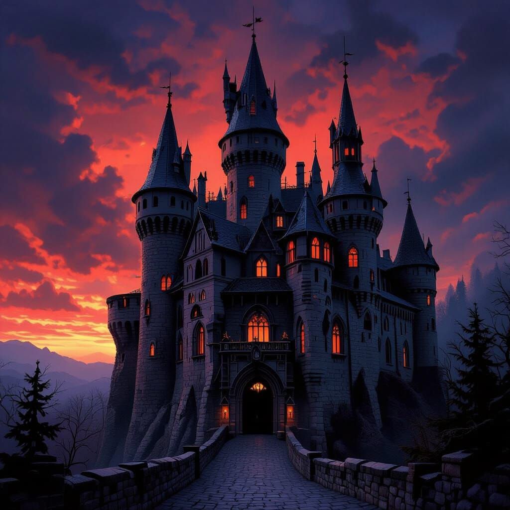 Majestic Dracula Castle in Twilight Hues
