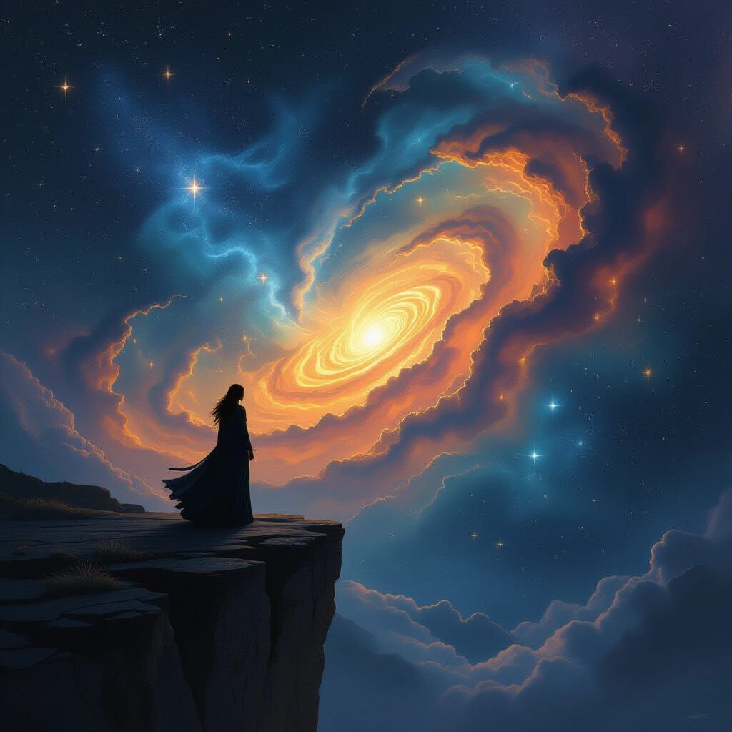 Woman on Cliff Gazes at Swirling Nebula