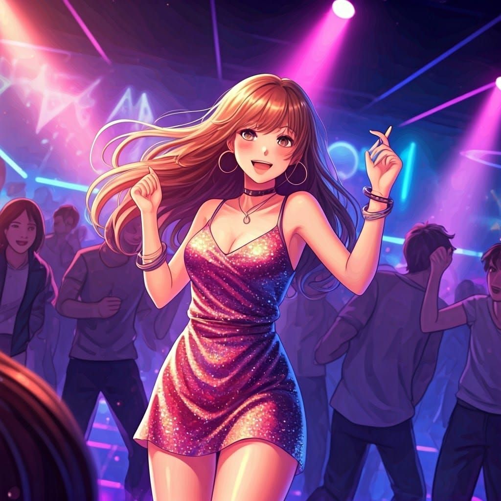 Energetic Woman Dancing in Neon Lit Anime Club