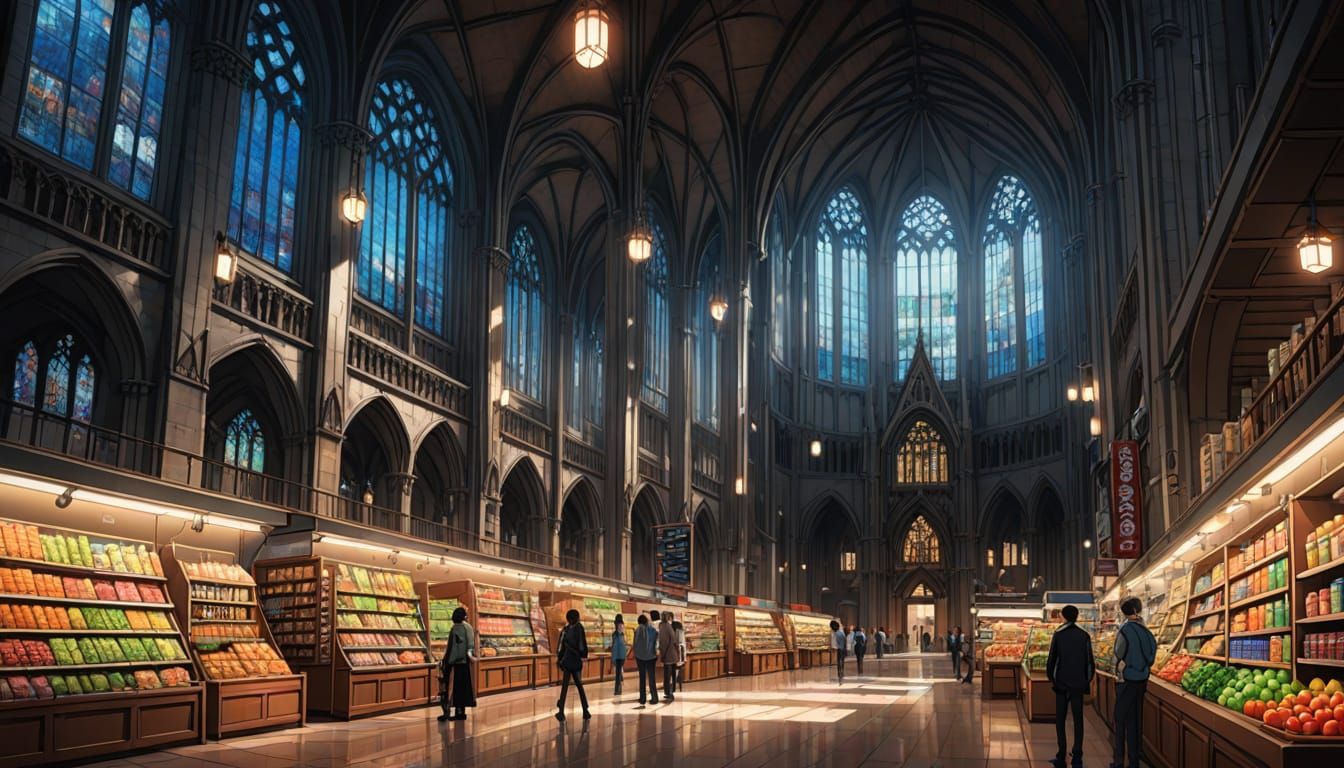 Anime-Style Grocery Store Beside Cathedral