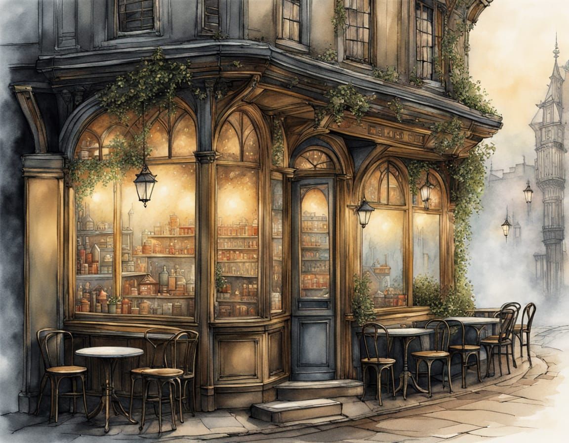 Enchanting Fairy Tale Cafe in Foggy Pen and Ink
