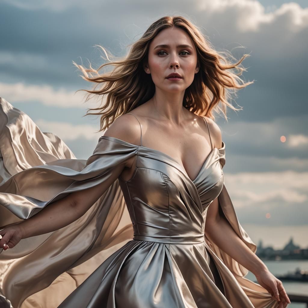 Woman in Satin Dress Blowing in the Wind