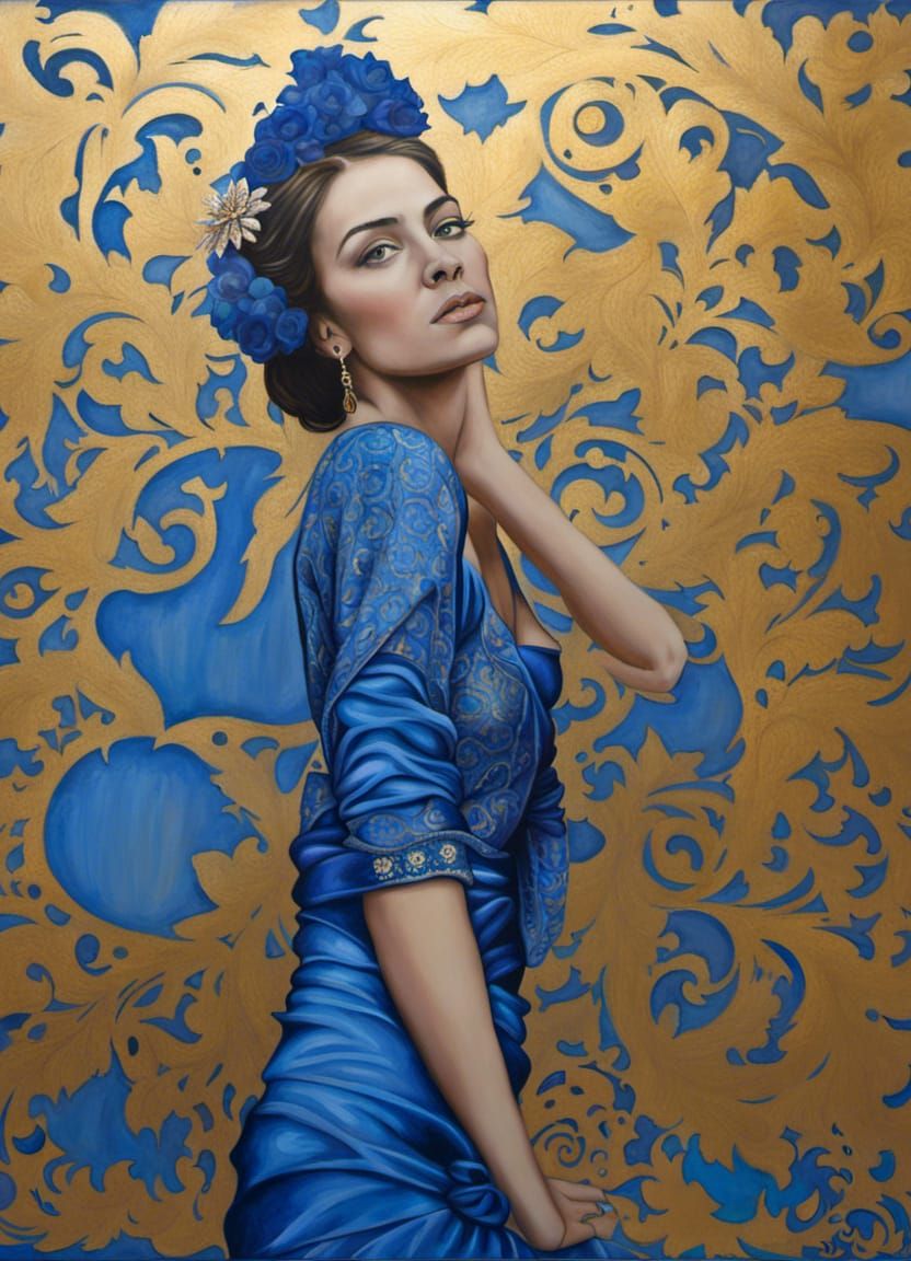 Beautiful Woman in Blue: Figurative Symbolist Painting
