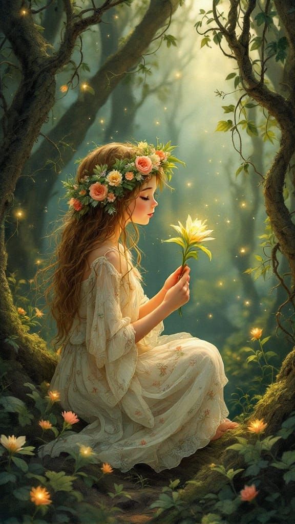 Whimsical Woodland Nymph Picking a Flower in Enchanted Fores...