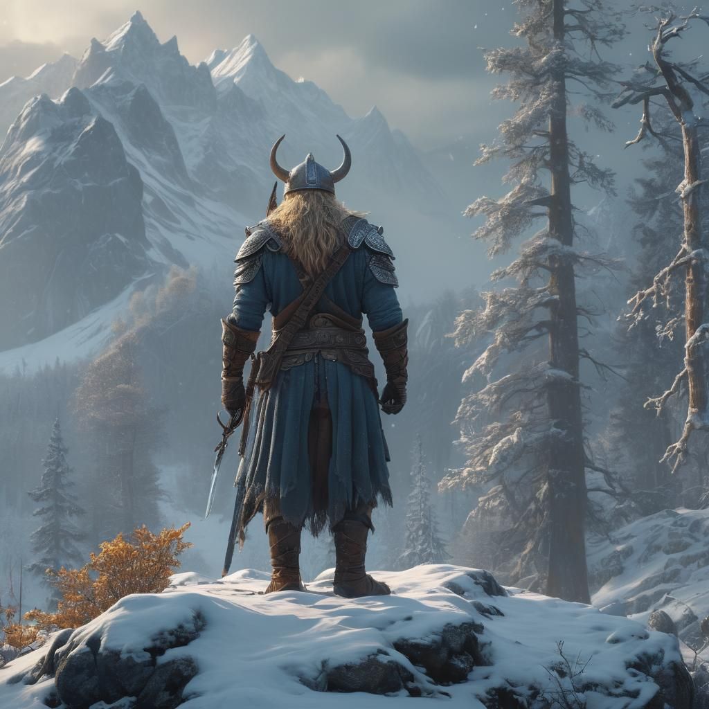 Viking Warrior Overlooks Nordic Fantasy Landscape