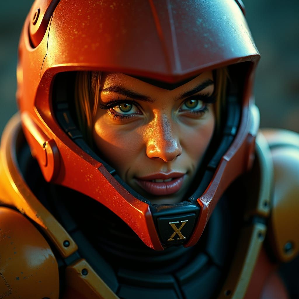Samus Aran Close-Up: Helmeted Gaze with Subtle Smile