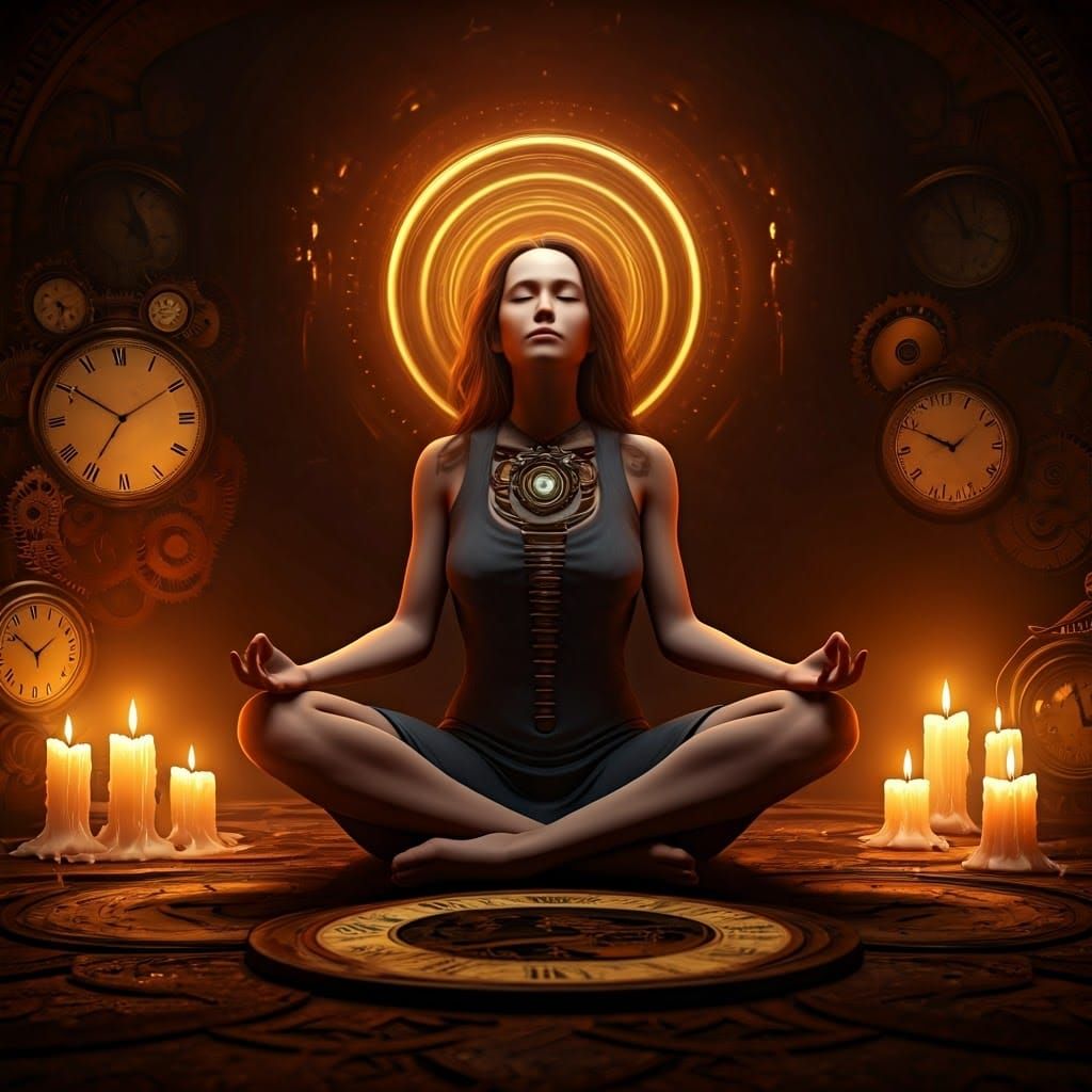 Meditating Woman in Mystical Clockwork Environment