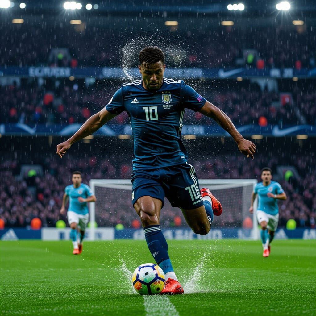 Dramatic Soccer Player Poster in Rain-Soaked Stadium