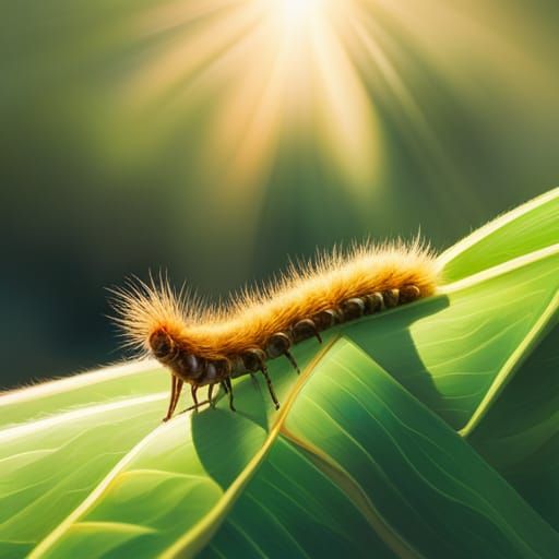 Fluffy Caterpillar on Leaf: Photorealistic Impressionism