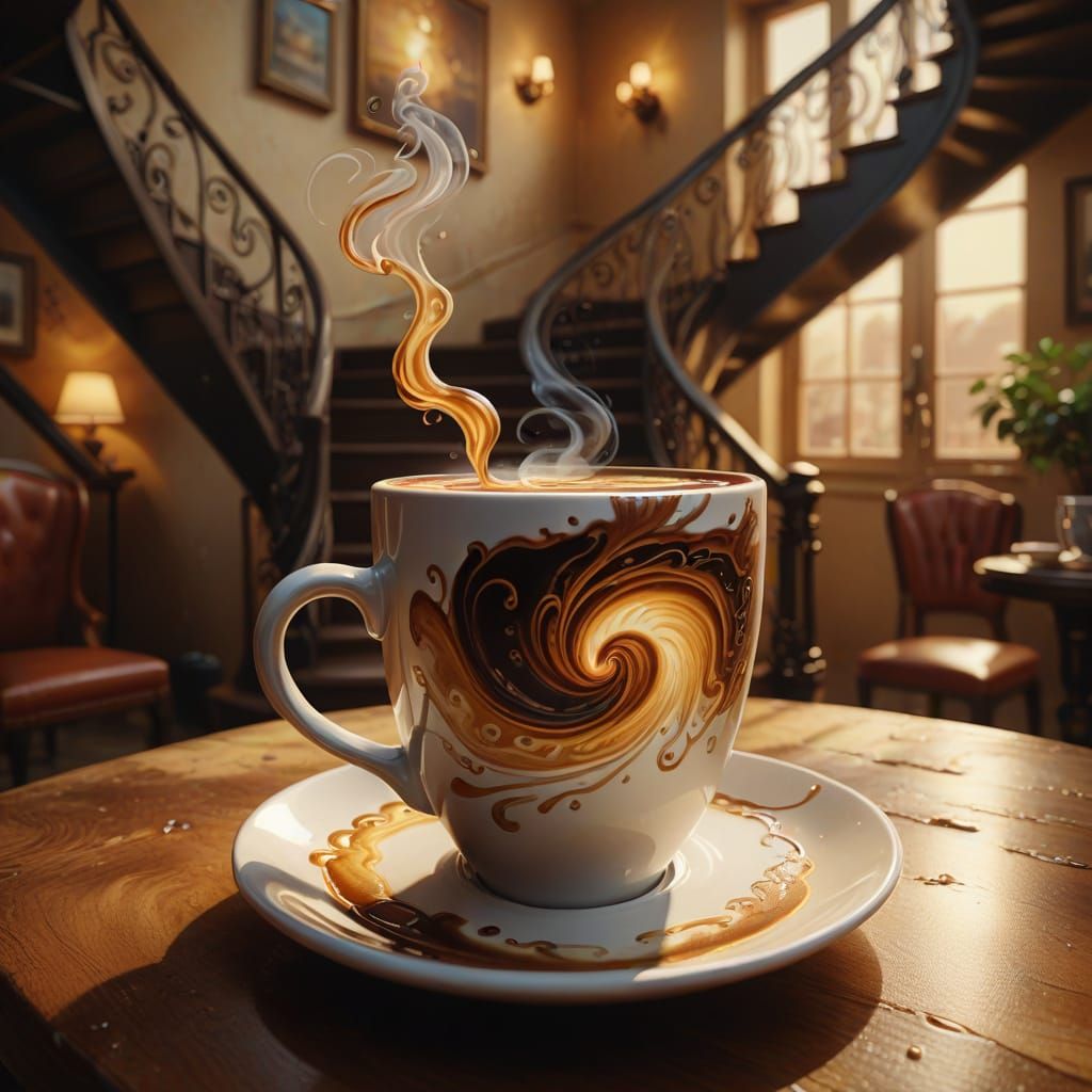 Surreal Staircase to Coffee Cup in Oil Painting Style