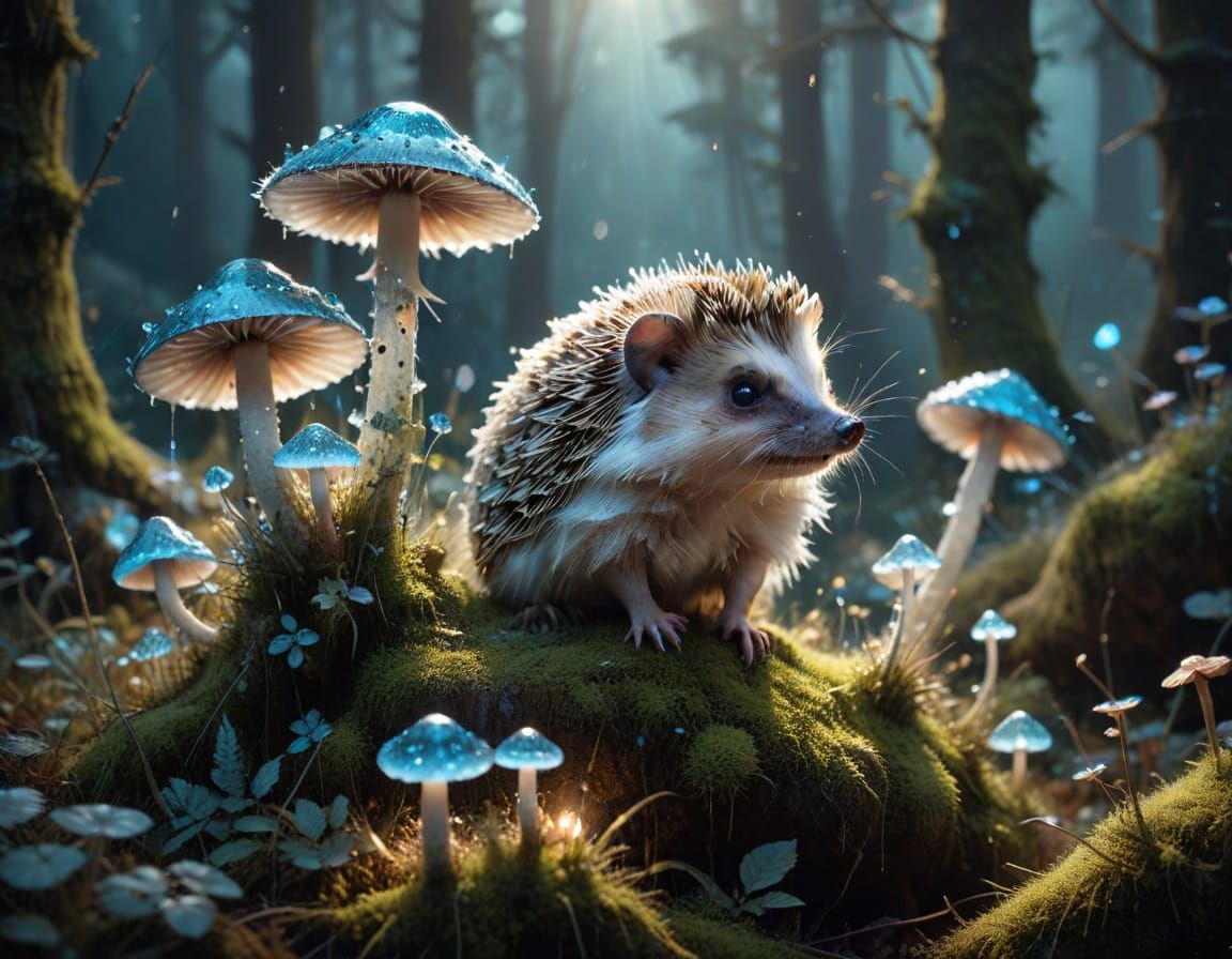 Hedgehog on Moonlit Glade in Watercolour Style