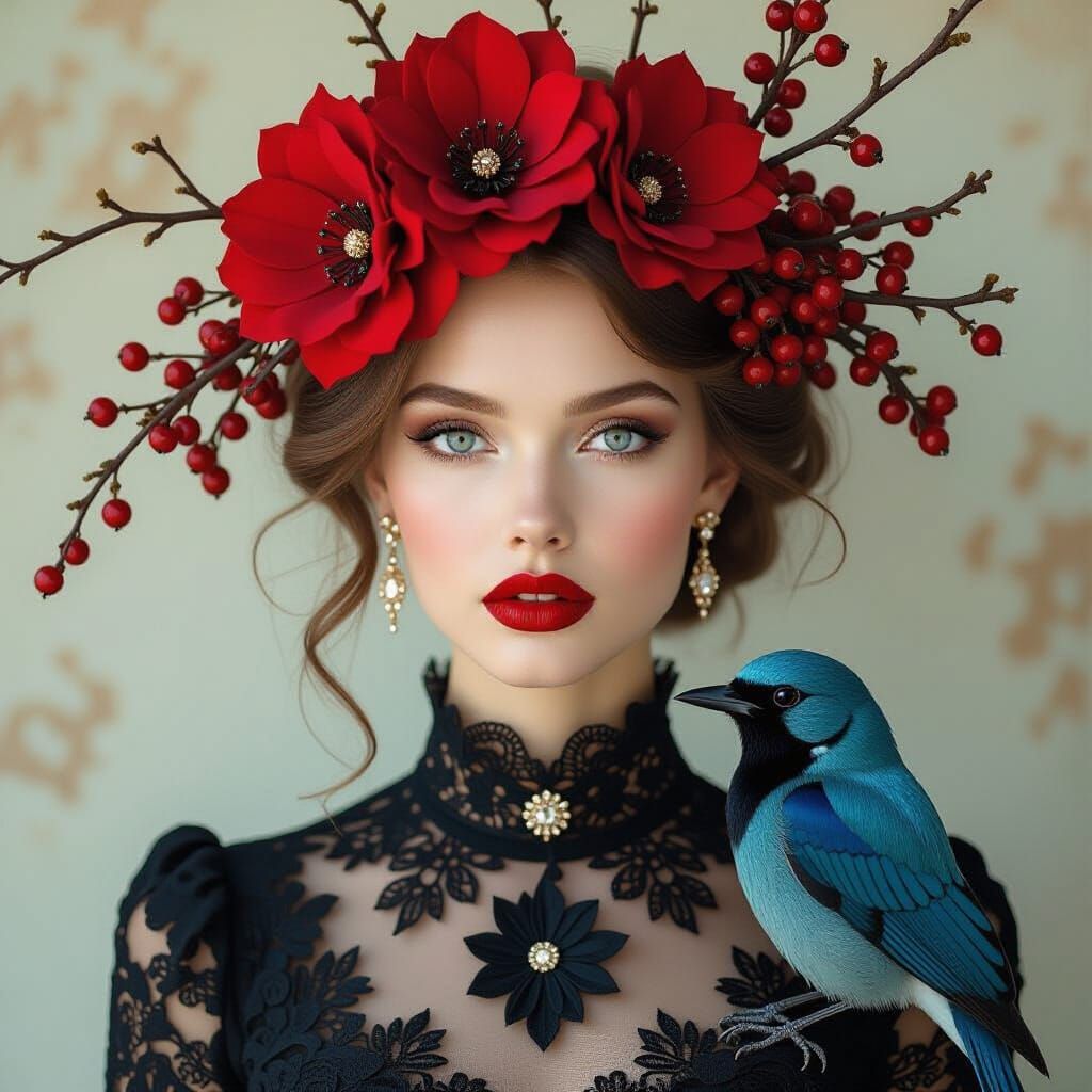 Ethereal Woman with Bird and Floral Adornments