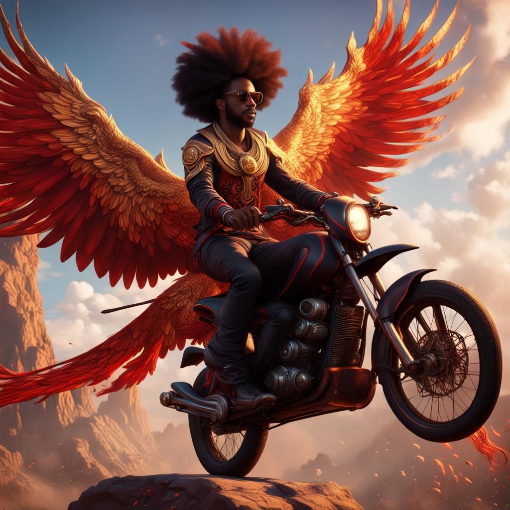 Black Man with Afro Astride Fiery Phoenix