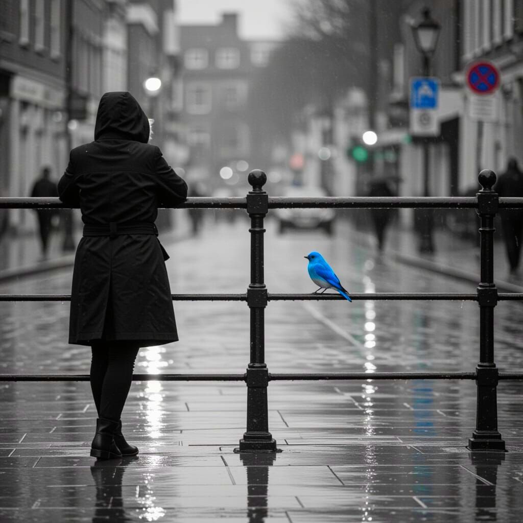 Person and Bluebird in Monochrome Rain Scene