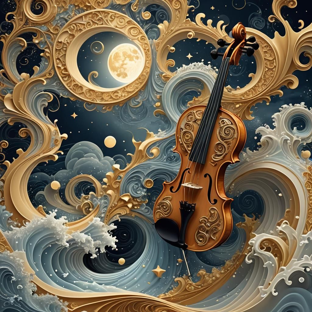 In a surreal scene, a classical violin emerges as a central ...