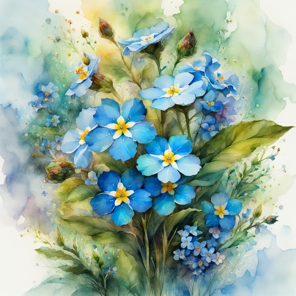 Fantasy Forget-Me-Nots in Watercolor Double Exposure