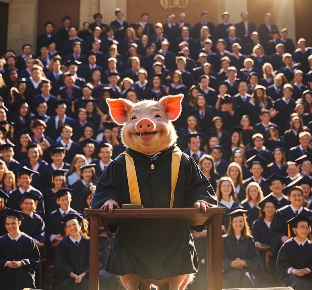 Pig Graduates University in Cinematic Film Still