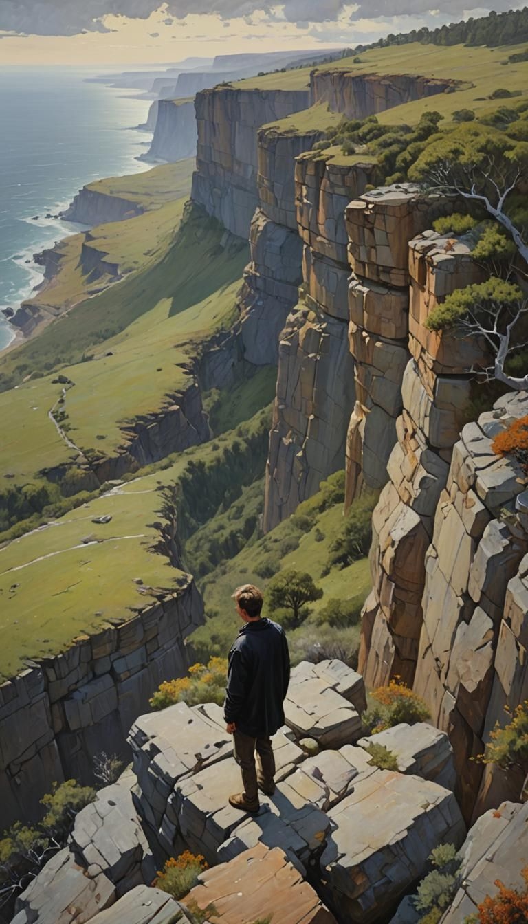 Contemplative Figure at Cliff's Edge, Oil Painting