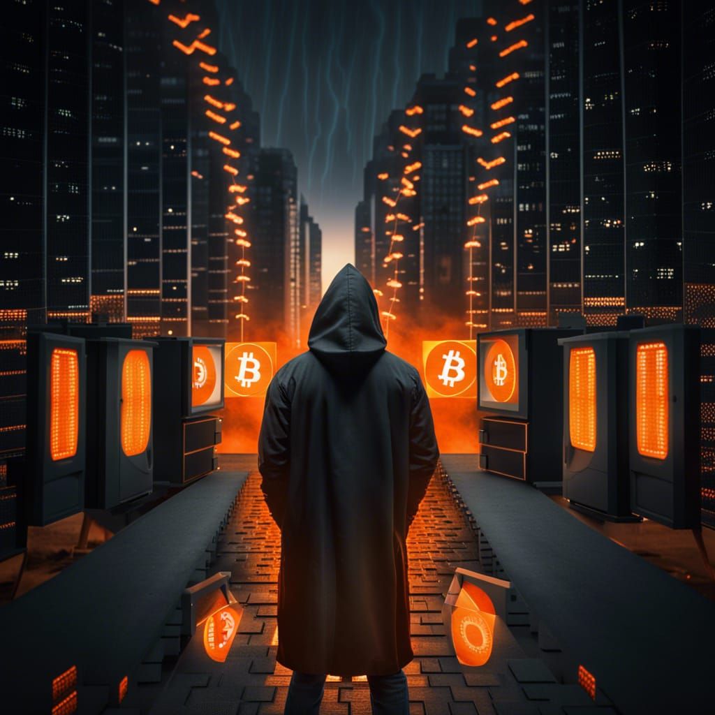 Realistic, Dark city, hacker, man, around multiple computers, bitcoin logo, orange fire and lightning in background, hoo...