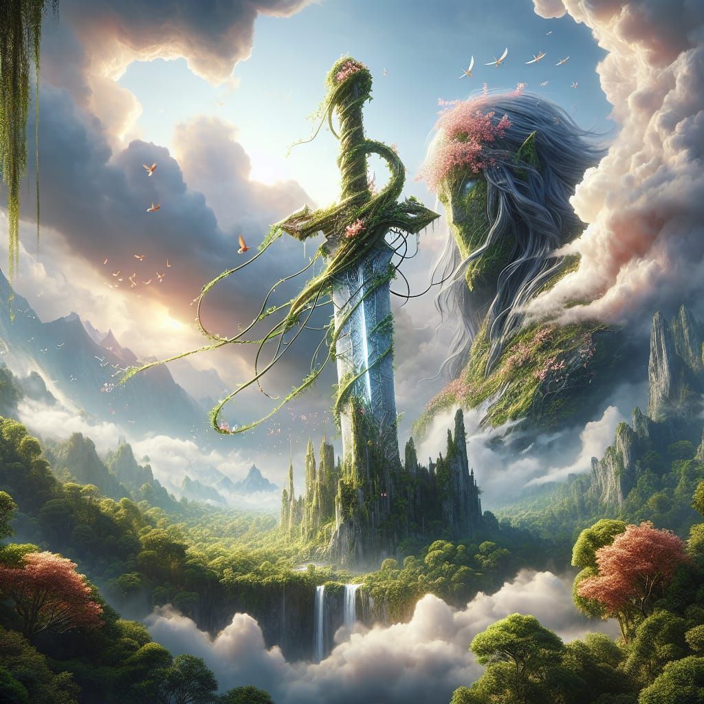 Colossal Statue Wielding Elemental Sword in Fantasy Landscap...