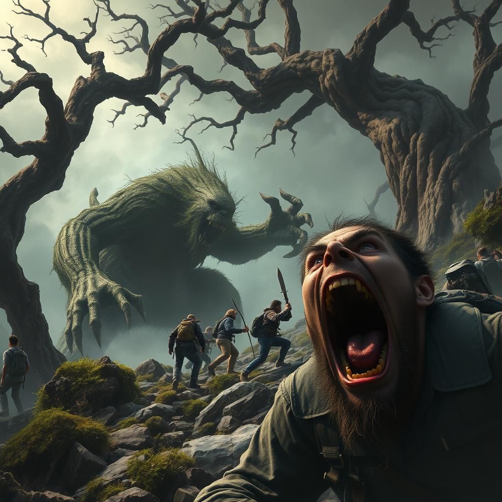 Fearsome Mountain Troll Chases Hikers in Dark Fantasy