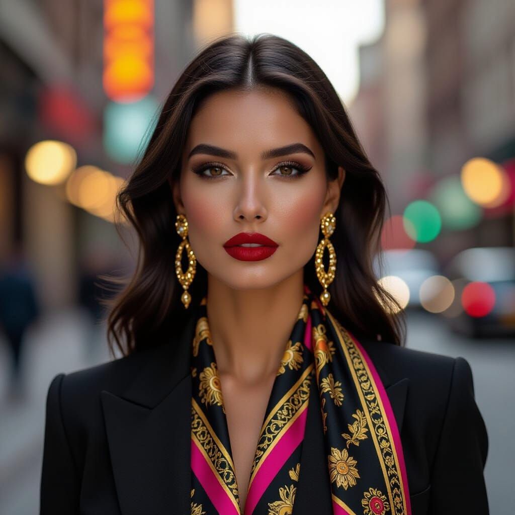 High Fashion Portrait of Woman with Versace Scarf