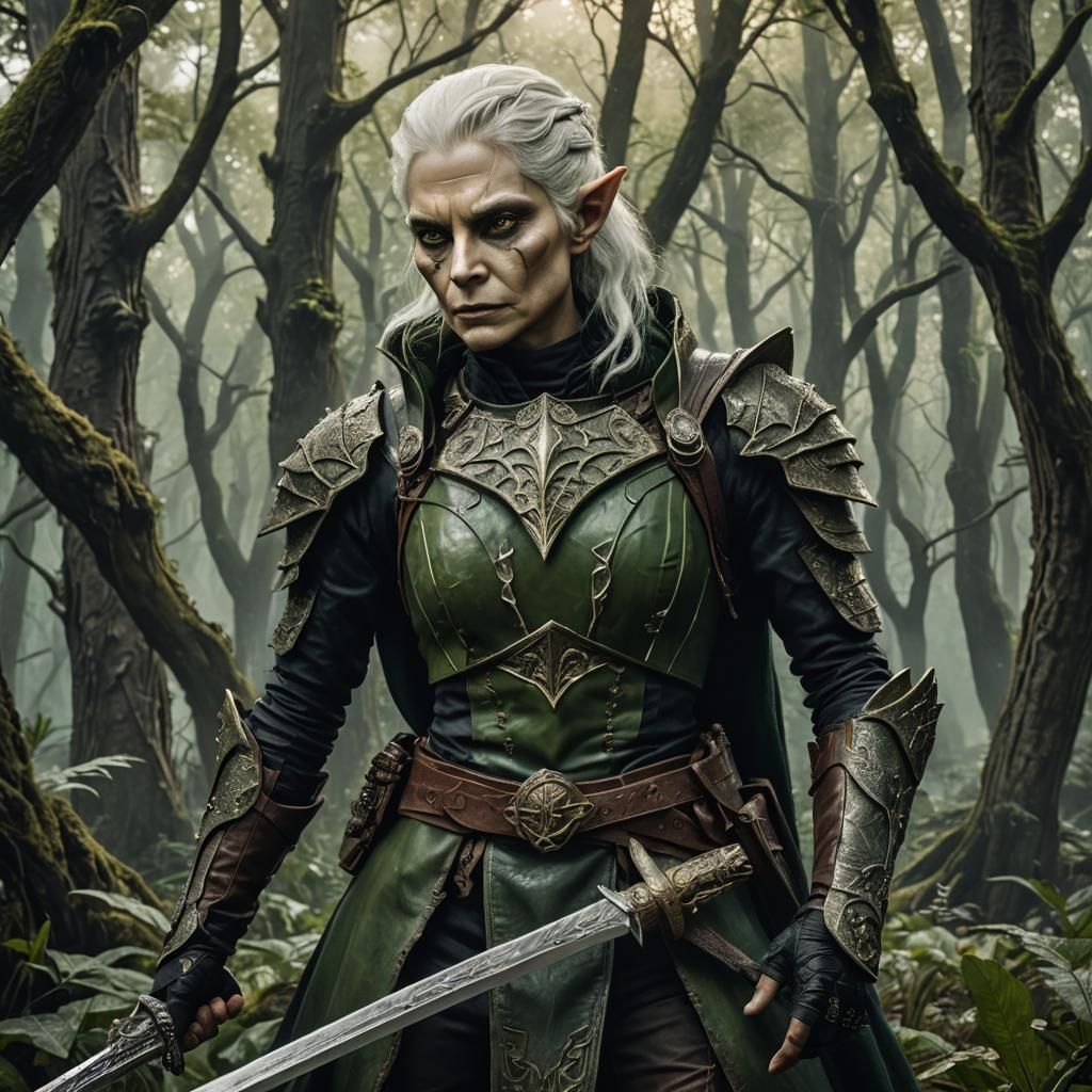 Intimidating Elf Warrior in Dark Fantasy Forest