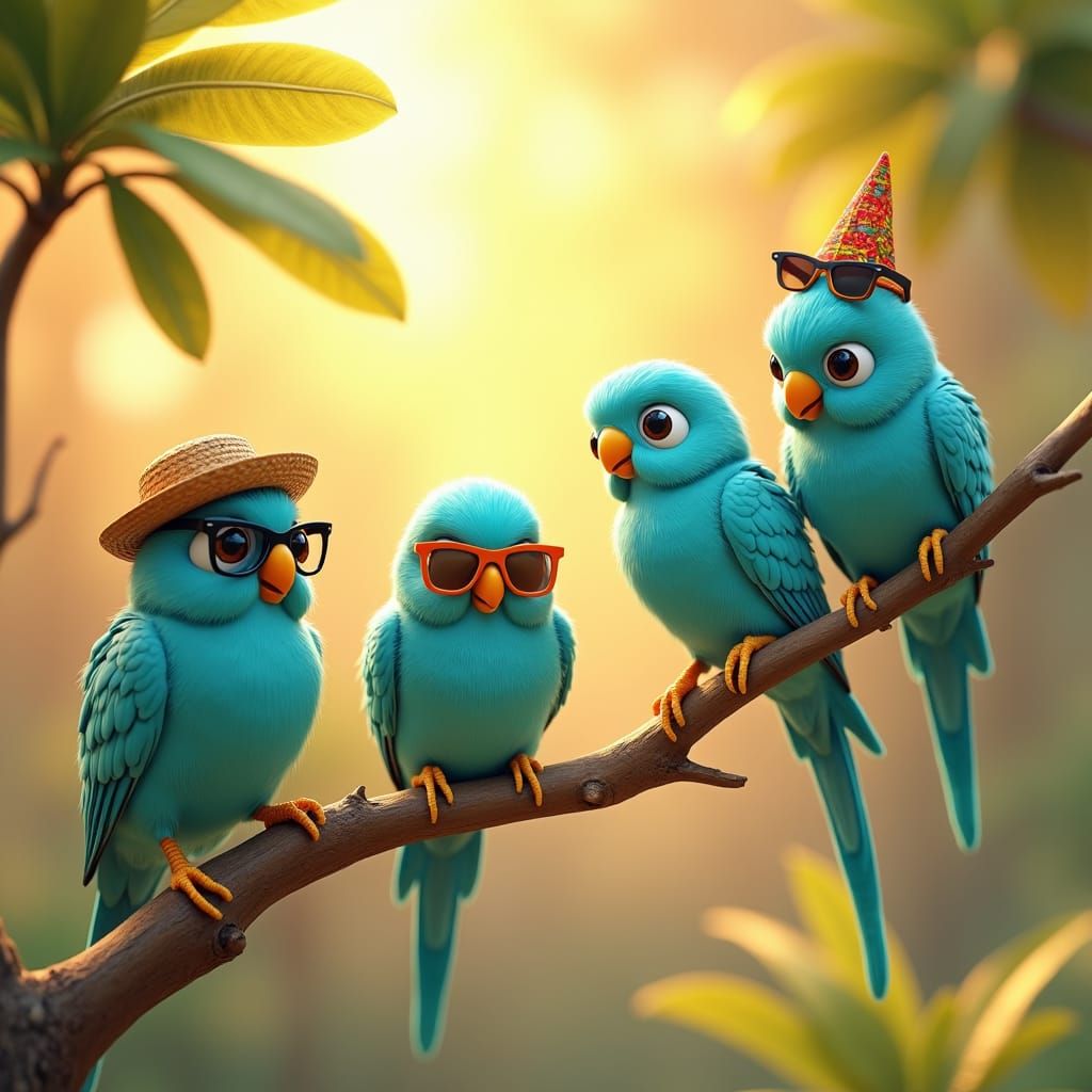 Turquoise Budgerigars Chatting in a Sunny Fantasy World