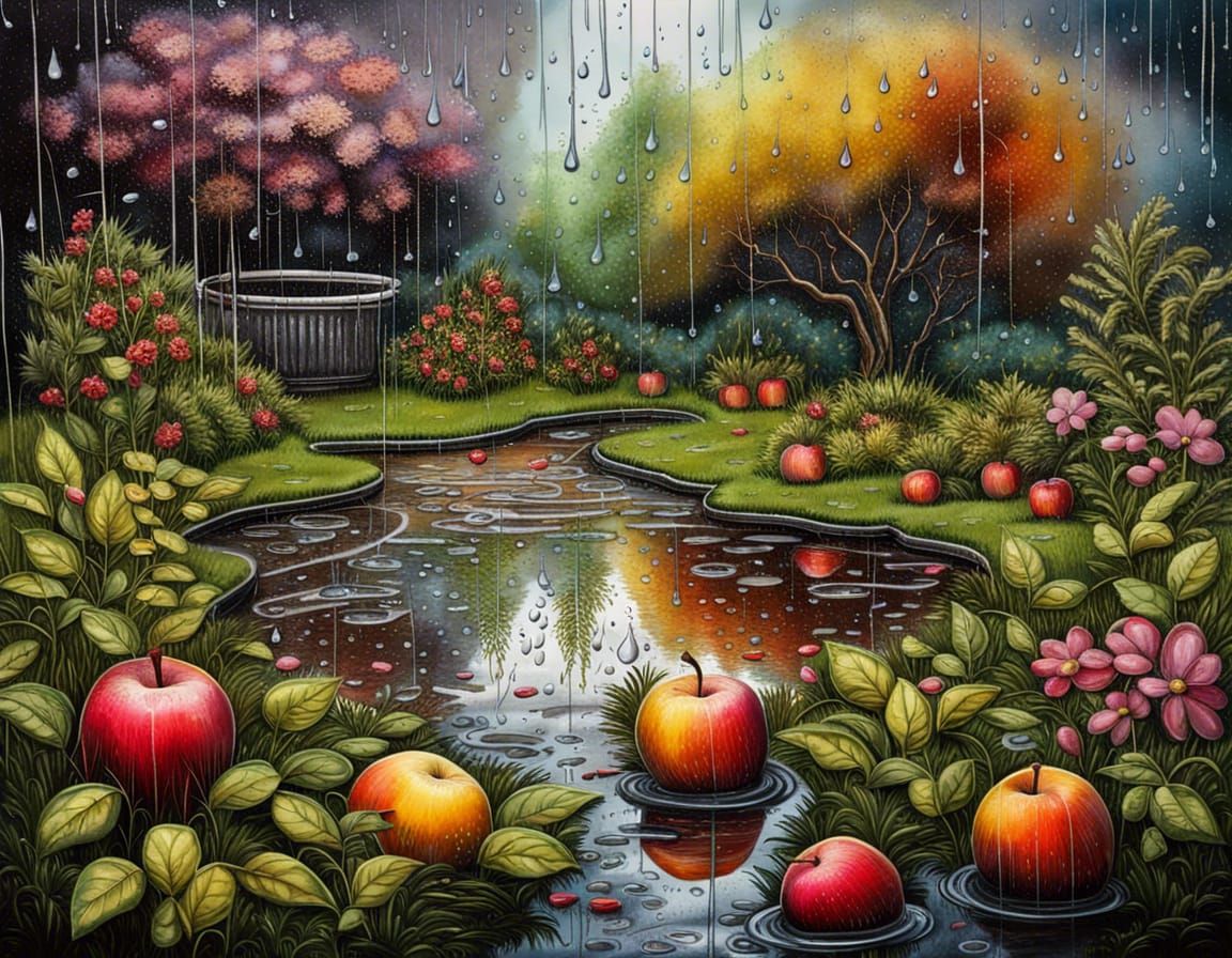 Rainy Garden Scene in Hyperdetailed Mixed Media