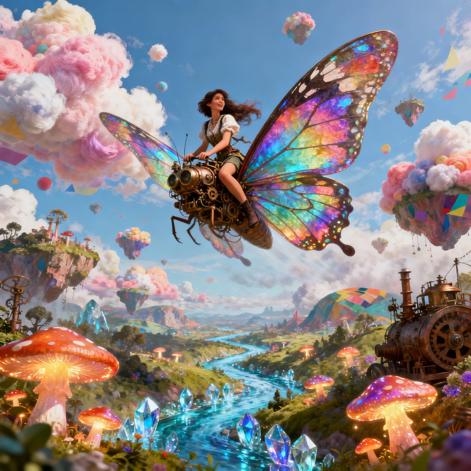 Whimsical Woman Rides Iridescent Butterfly Over Fantasy Land...