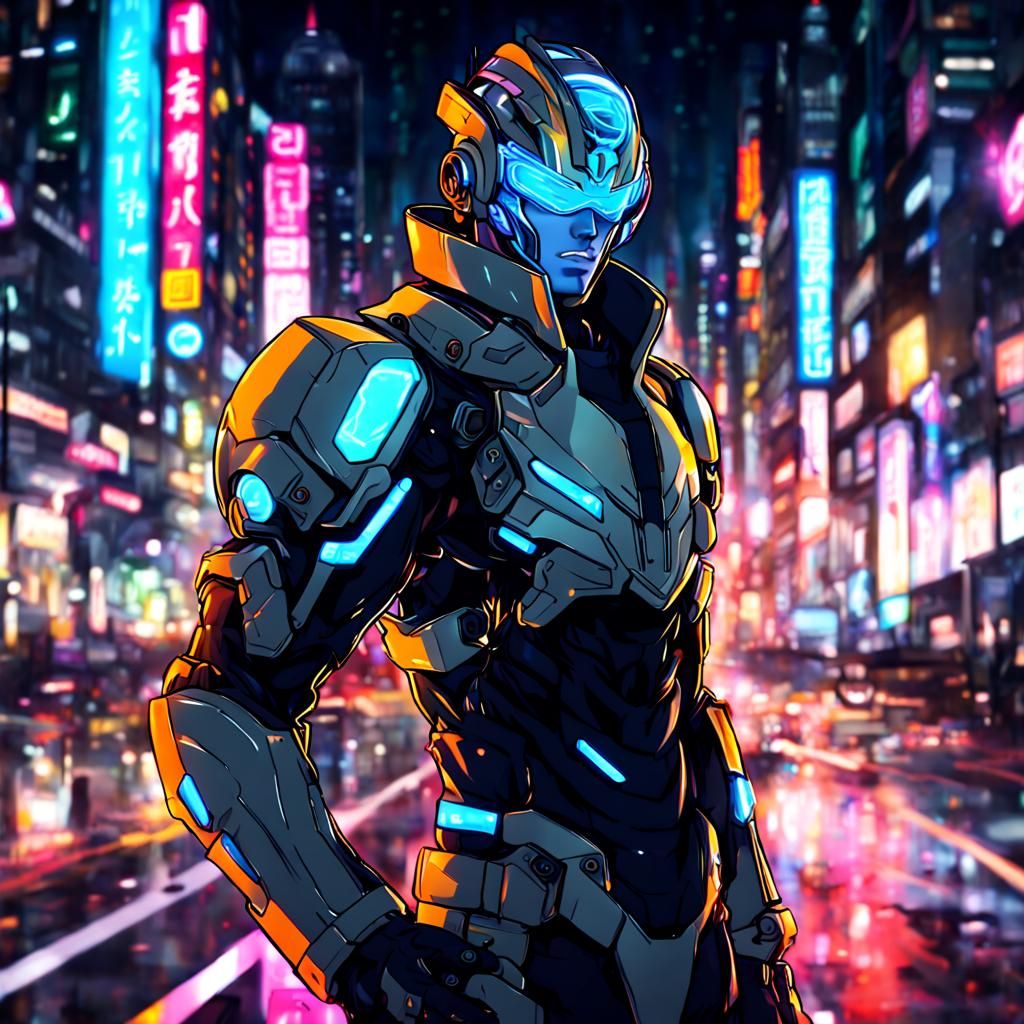 Cyborg Portrait in Neon City, Anime Style