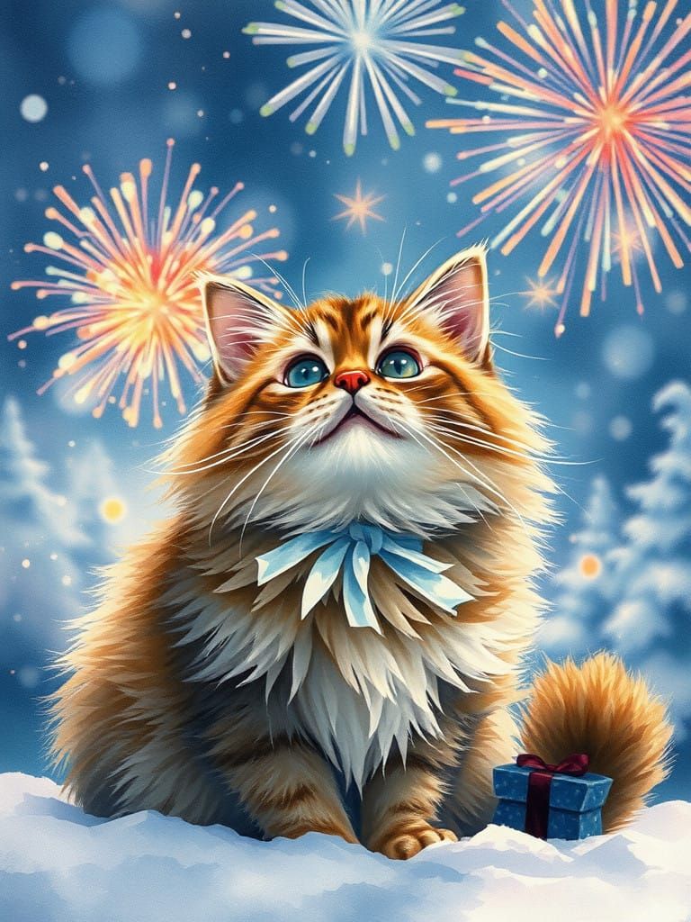 Whimsical Cat Watches Fireworks on Winternight