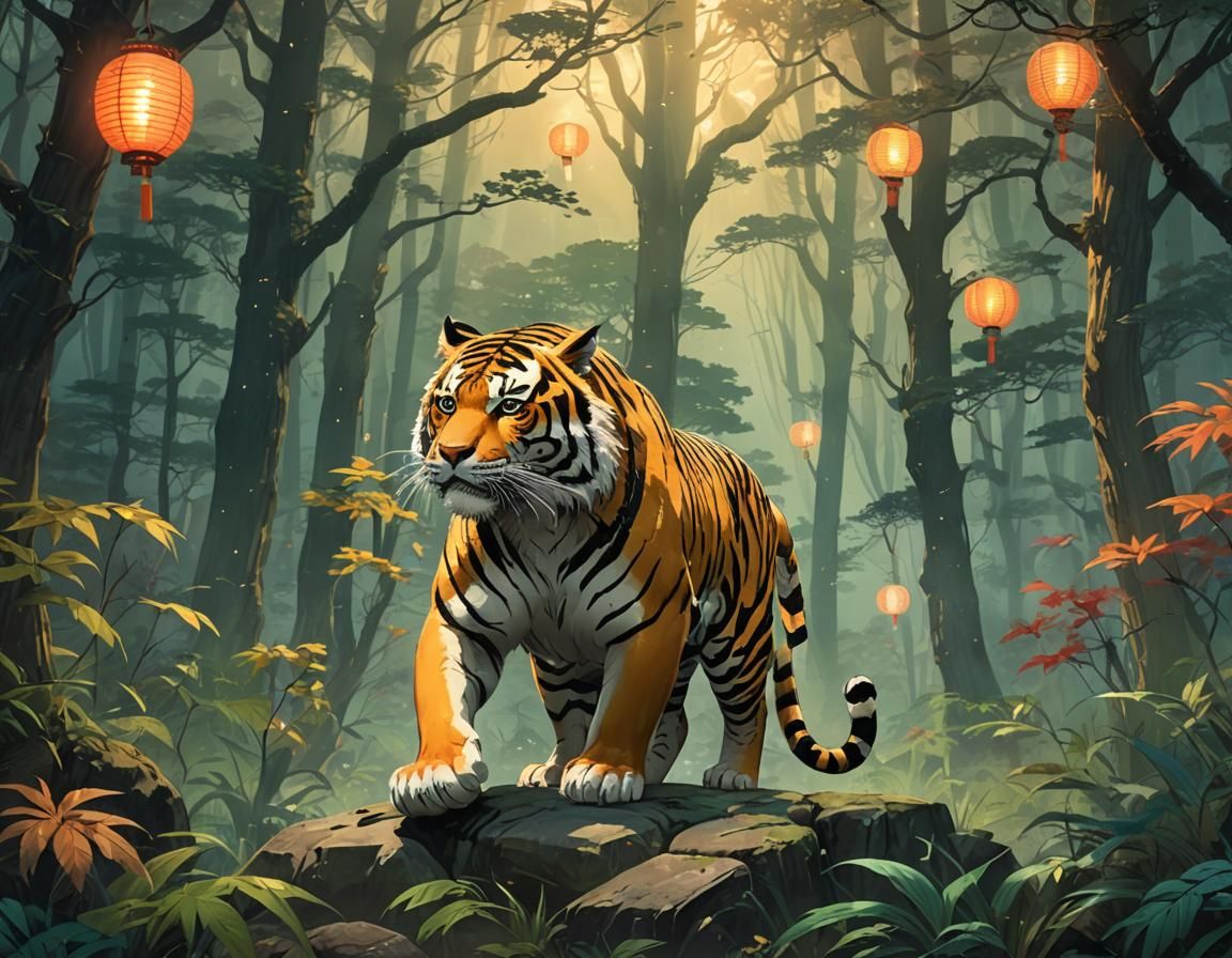 Tiger in Misty Forest: Japanese Anime Style