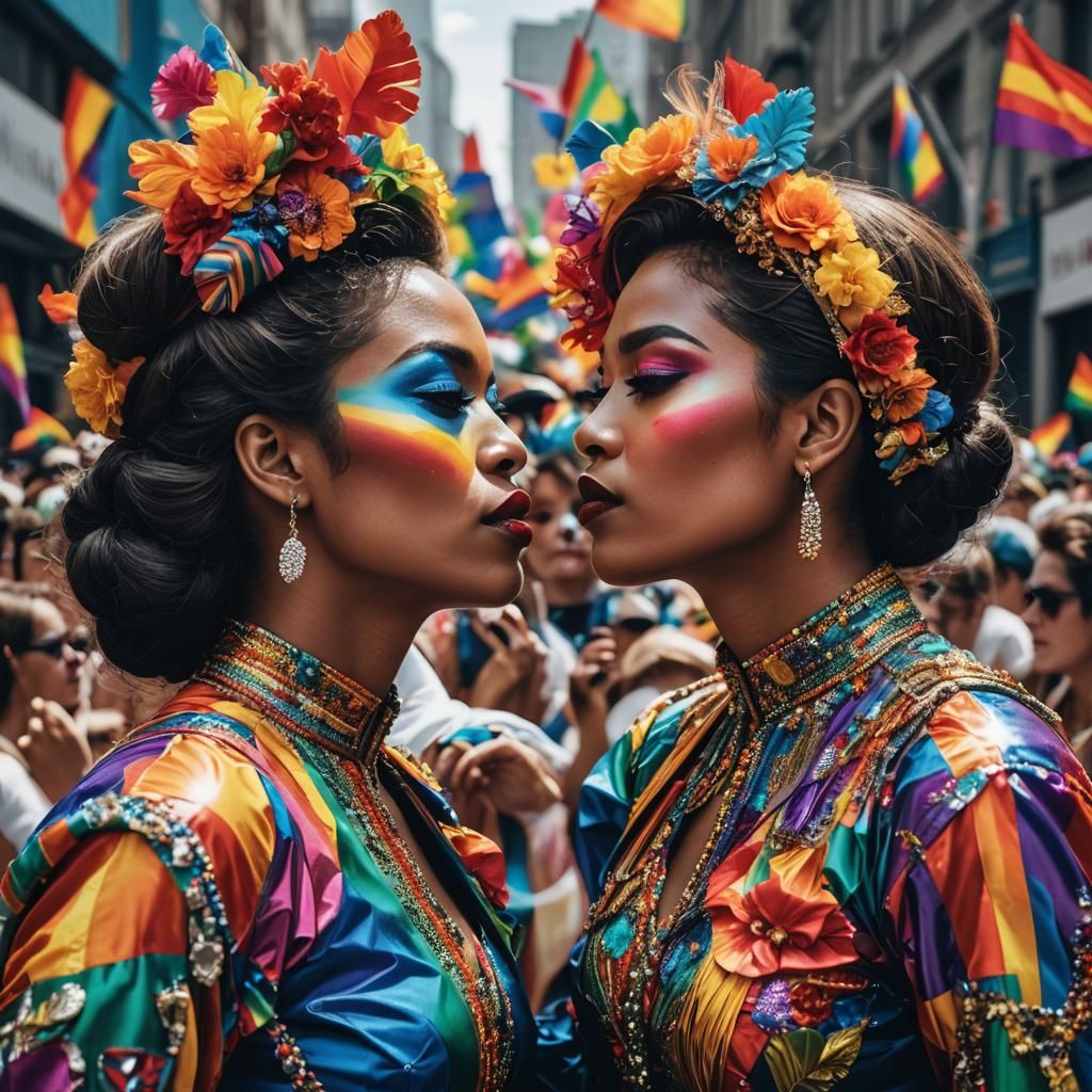 Pride Parade: Two Ladies Kissing in Pride Colors