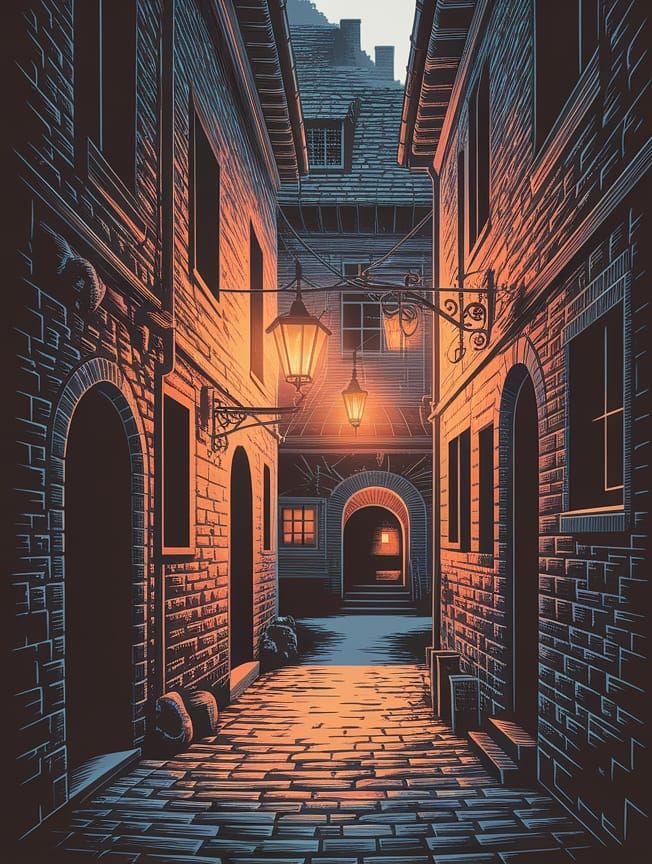 Medieval Tavern Alley Illuminated by Lanterns