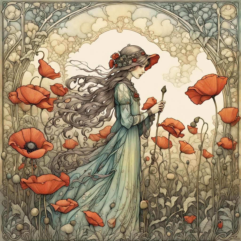 Enchanted Poppy Blossom in Art Nouveau Style