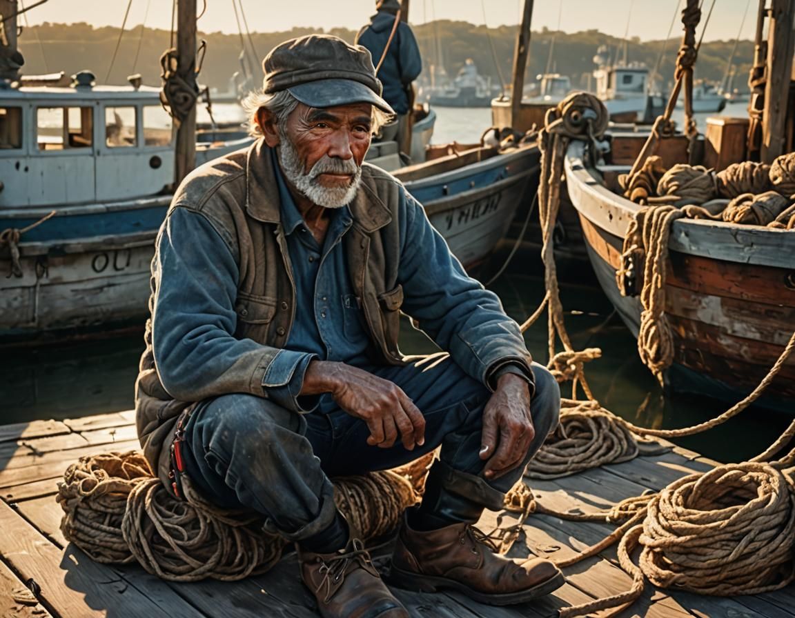 Fisherman Mending Nets: Ultra-Realistic Golden Hour Photo