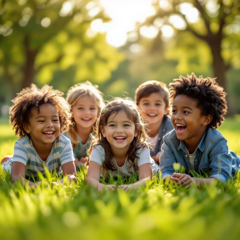 Diverse Children Play Joyfully in Sunlit Park, Cinematic Sty...