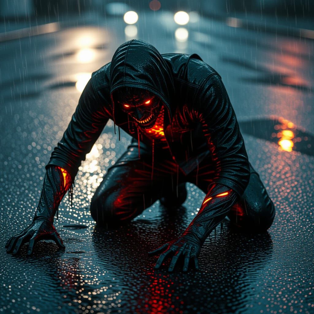 Charred Figure Crawling on Rain-Soaked Asphalt