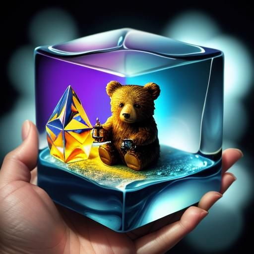 Surreal Tiny Bear in Glass Cube, Macro Photography