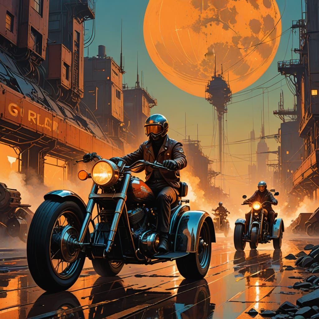 Dieselpunk Pilots on Trikes in Sci-Fi Landscape