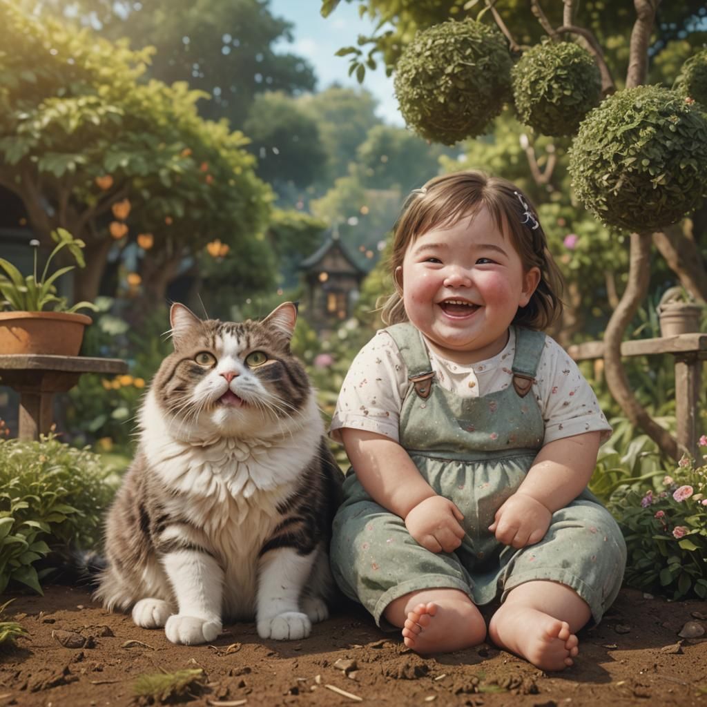 Girl with Cat in Garden: Detailed Matte Painting