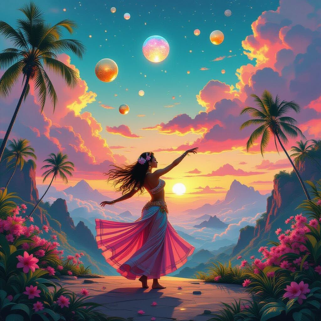 Futuristic Galactic Jungle Hula Dancer at Sunset