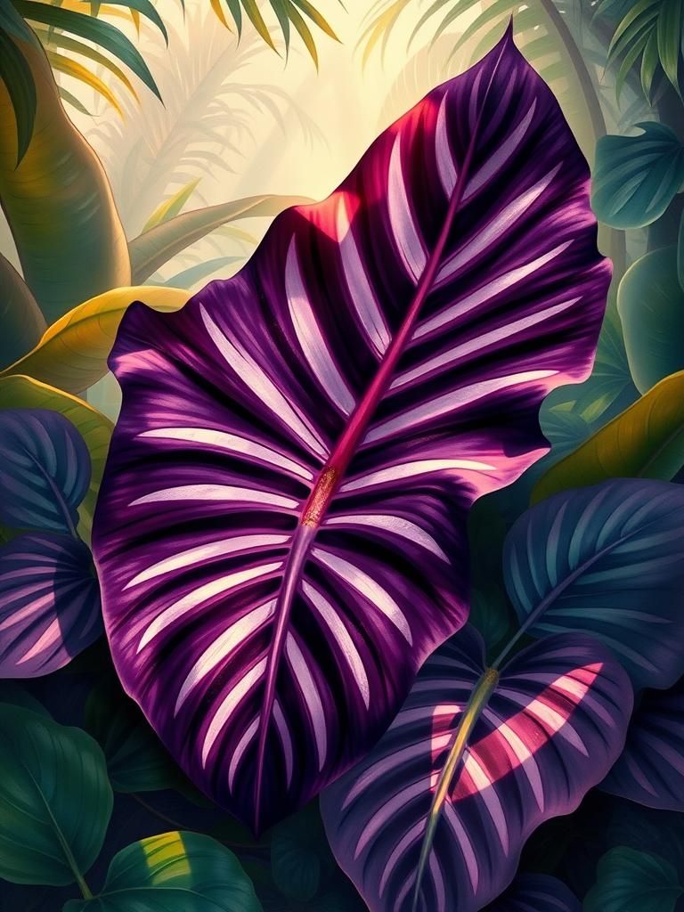 Striking Elephant Ear Plant in Tropical Botanical Art
